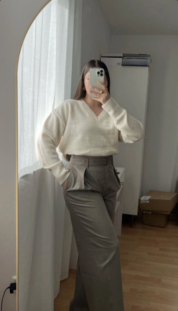 Cream Sweater with Tailored Trousers