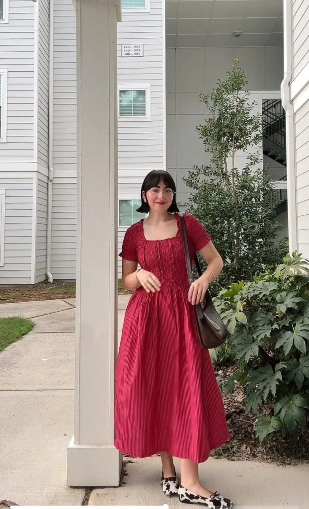Burgundy Midi Dress with Animal Print Flats