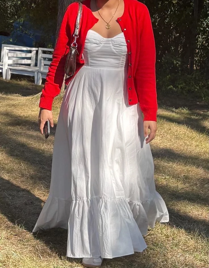 Red Cardigan Over White Maxi Dress