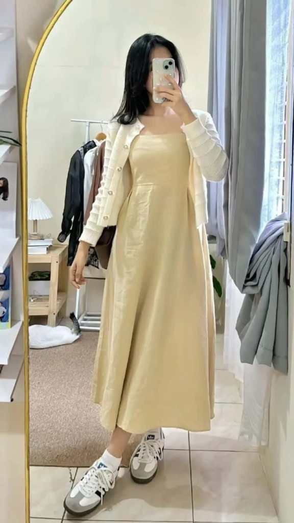 Cream Cardigan Over Midi Dress Look