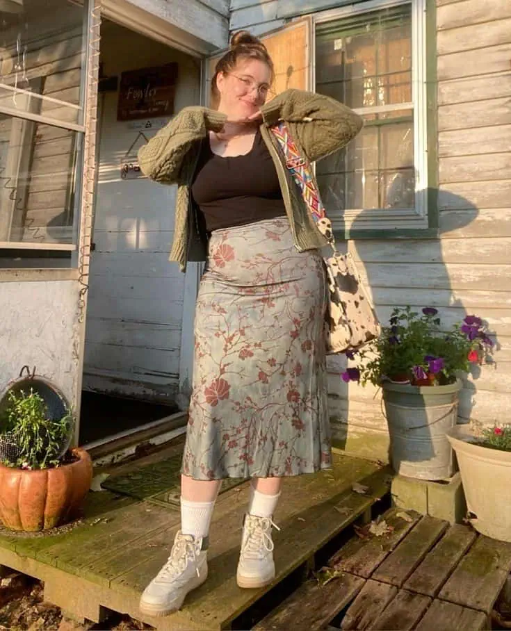 Floral Midi Skirt with Cozy Cardigan