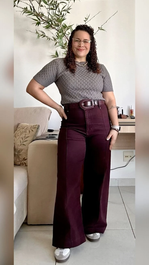 Textured Top with Wine Flared Jeans