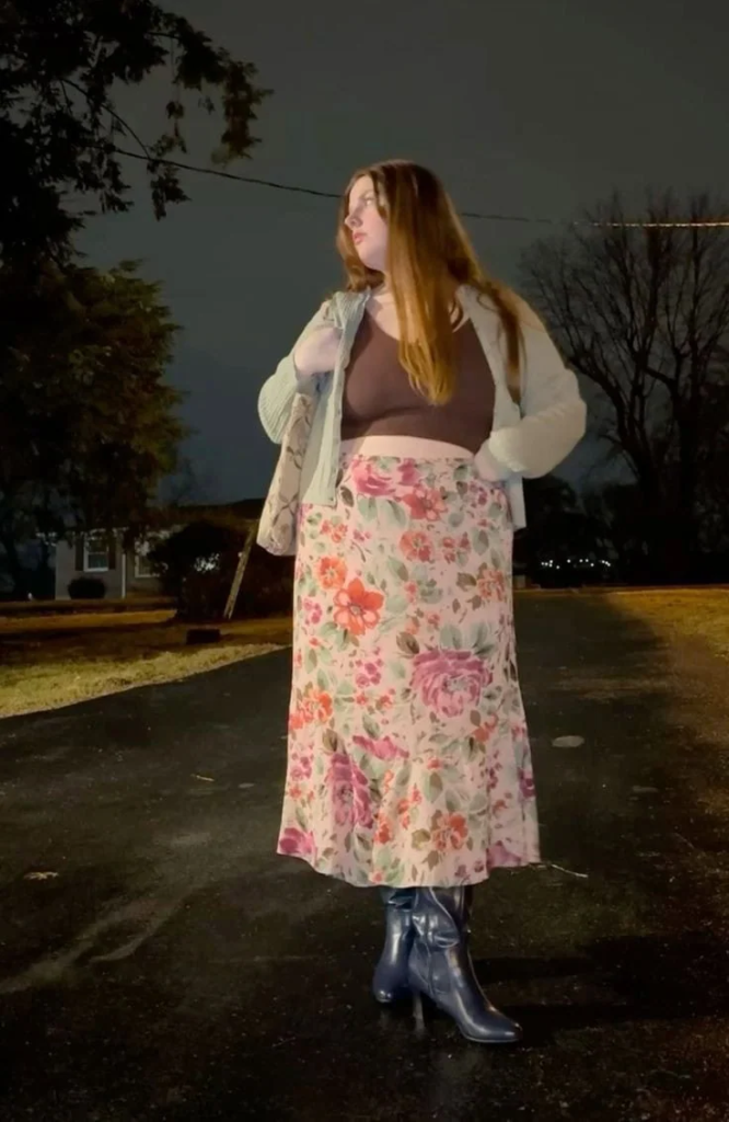 Floral Midi Skirt with Cream Cardigan