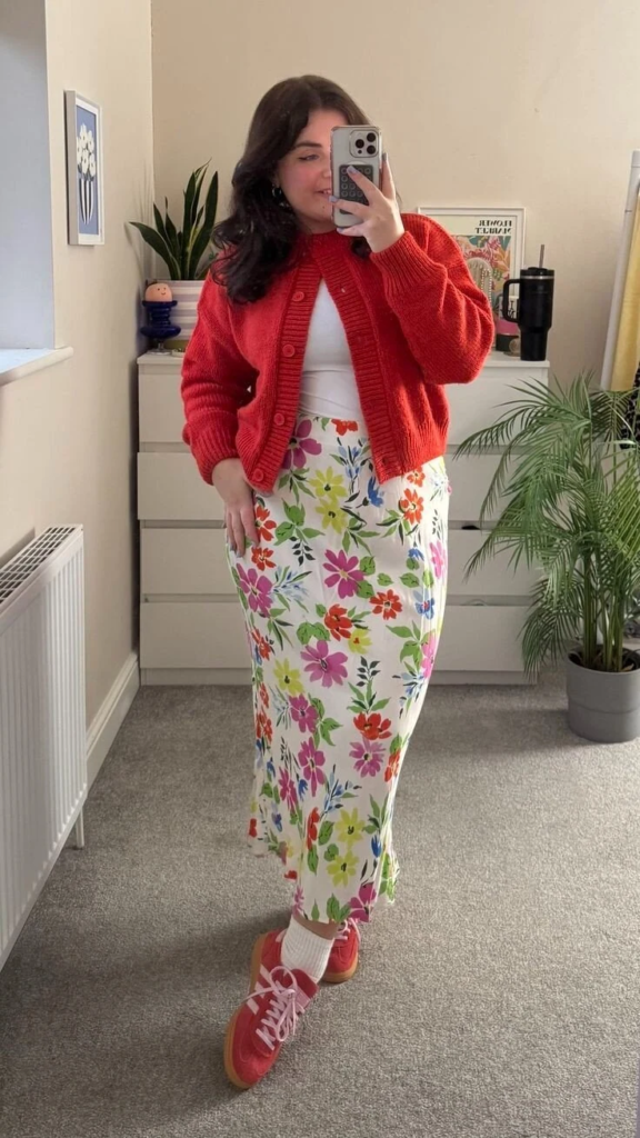 Bold Red Cardigan With Floral Maxi Skirt
