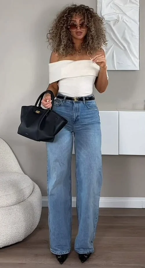 White Off-the-Shoulder Top & Jeans