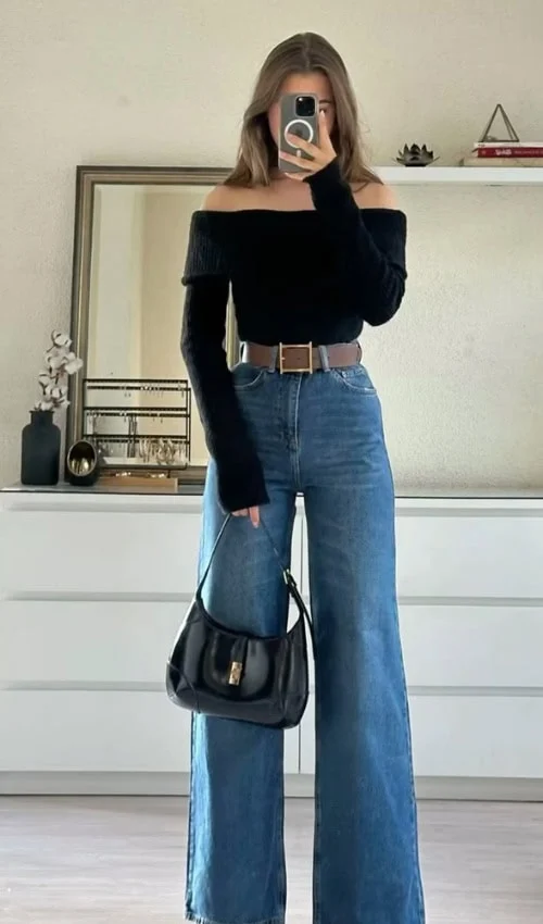 Long-Sleeved Off-the-Shoulder Top & Jeans