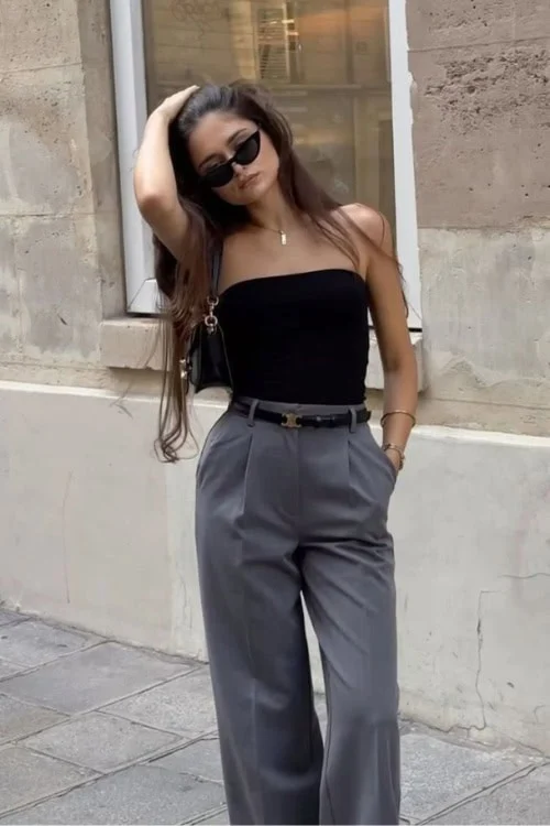 Black Top, Grey High-Waisted Pants, and Skinny Belt