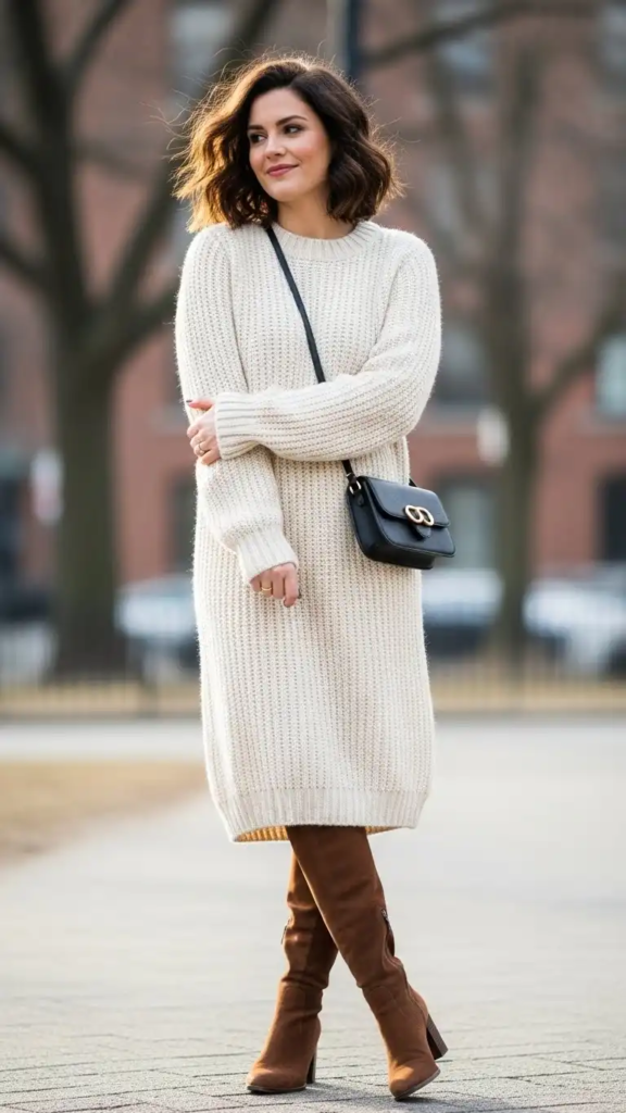 Cozy Knit Dress with Knee-High Boots