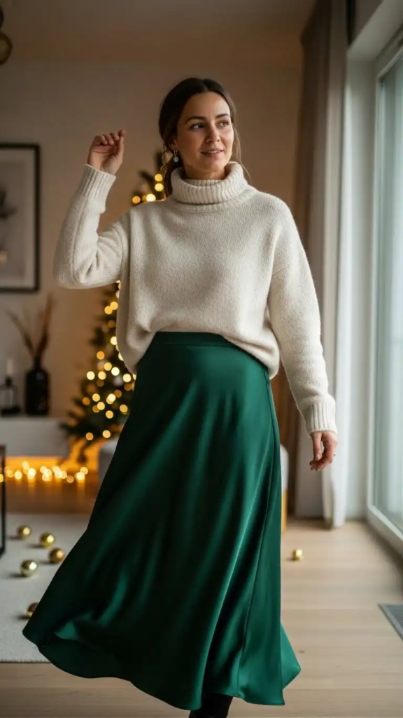Silk Midi Skirt with a Turtleneck Sweater