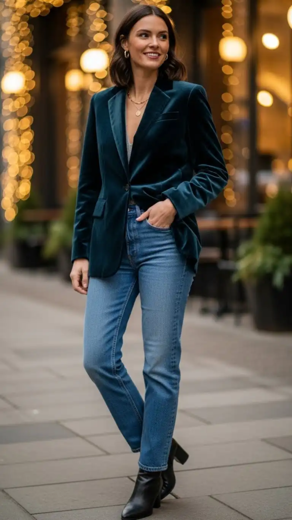Velvet Blazer with Straight-Leg Jeans