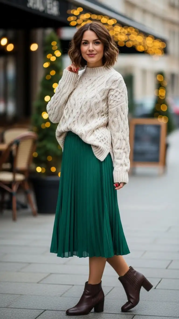 Cable-Knit Sweater with a Pleated Midi Skirt