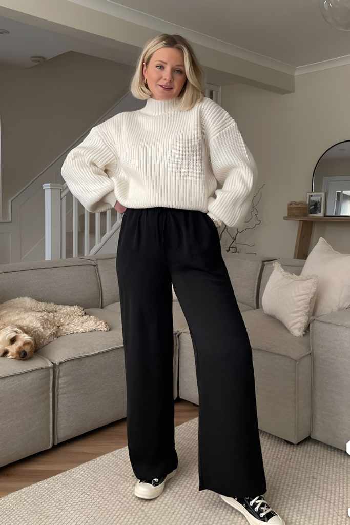 Wide-Legged Trousers Counterbalanced with Fitted Knits