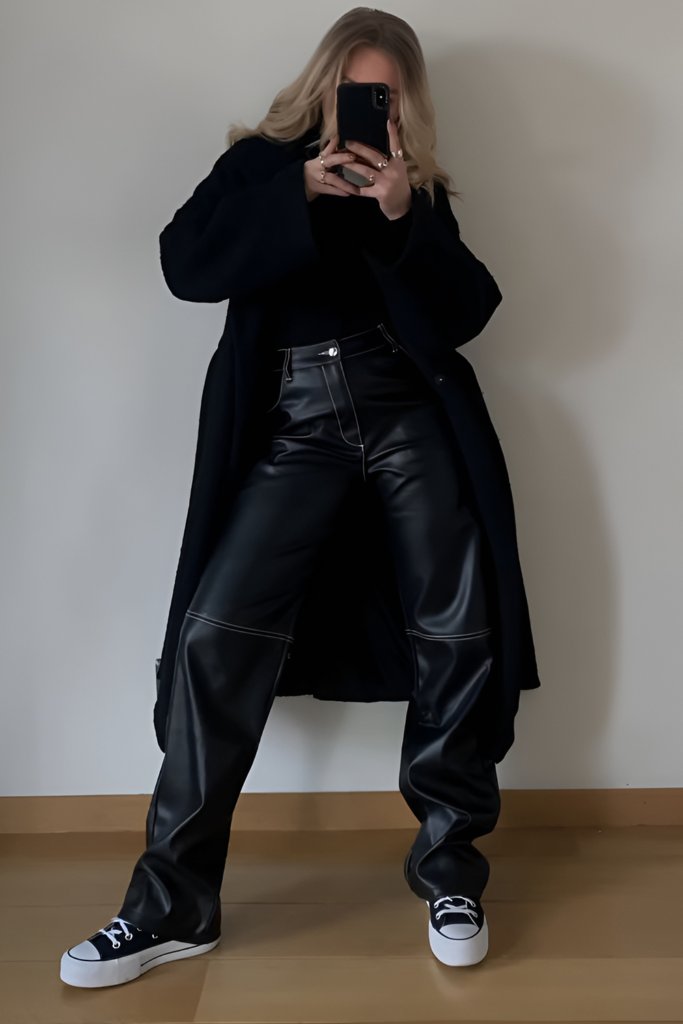 Leather Pants Coordinated with Oversized Coats