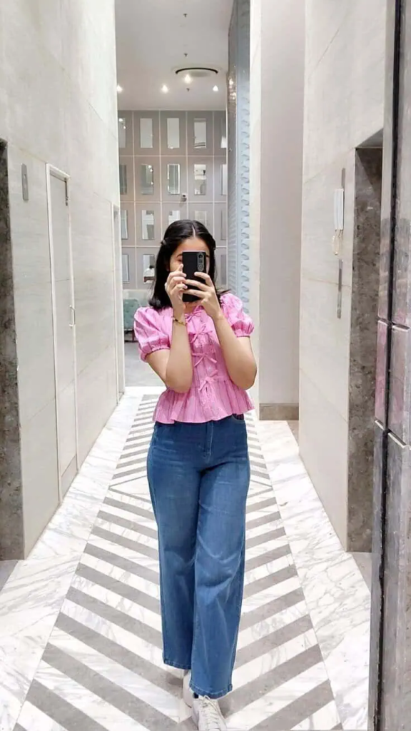 Pink Peplum Top with Wide-Leg Jeans