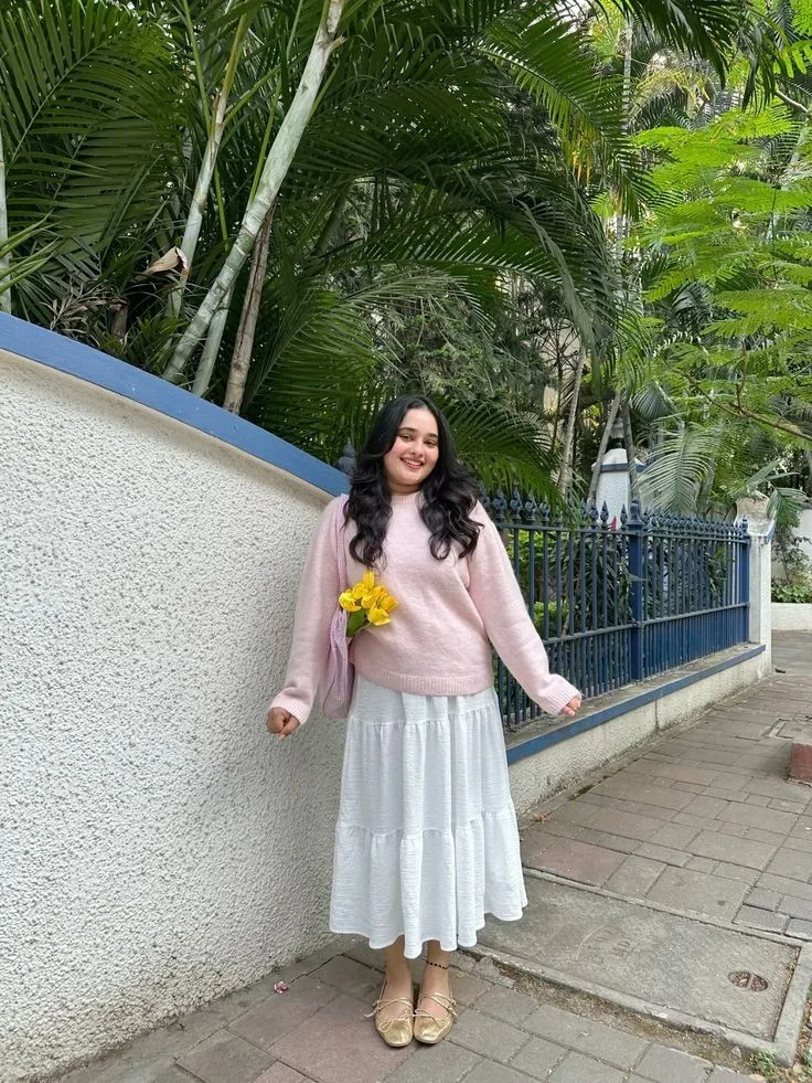 Soft Pink Sweater and White Midi Skirt