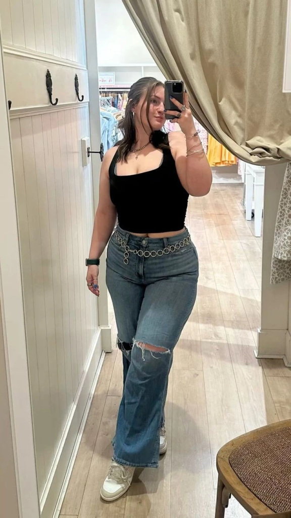 Black Crop Top with Distressed Flare Jeans