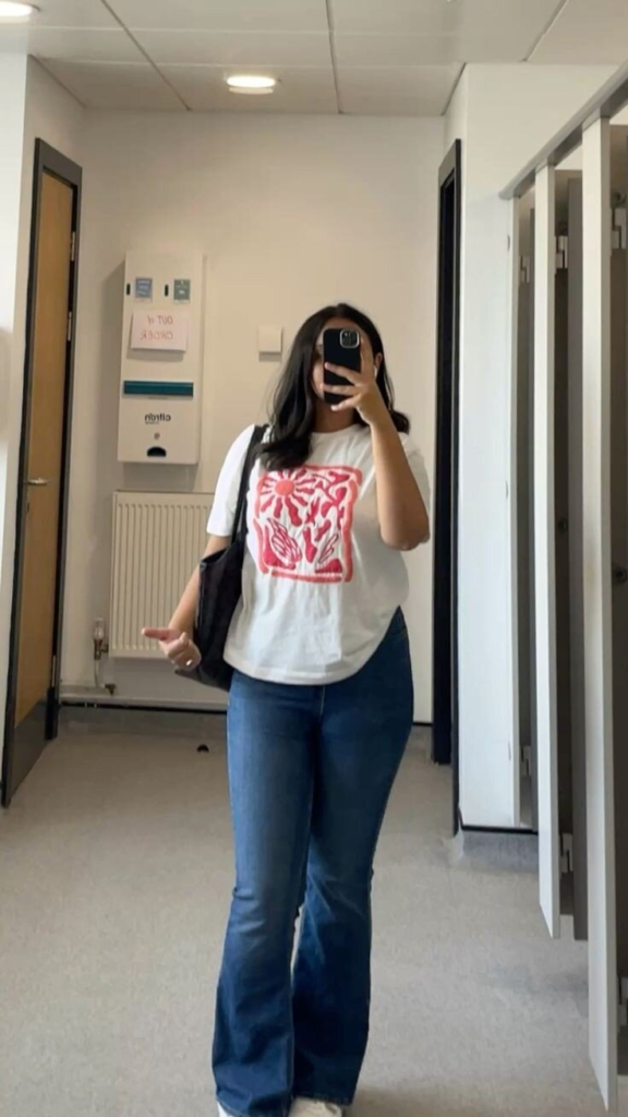 Graphic Tee with Flared Denim