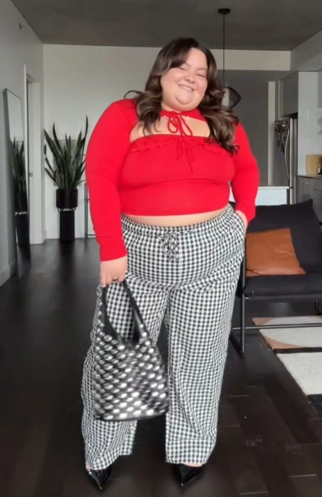 Red Crop Top with Checkered Trousers