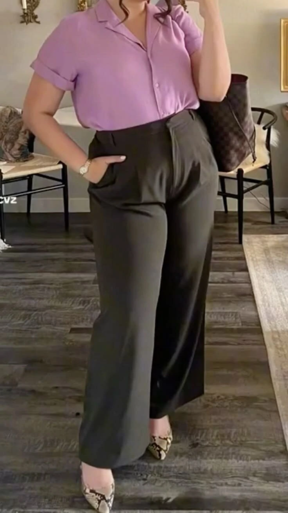 Lavender Blouse with High-Waisted Trousers