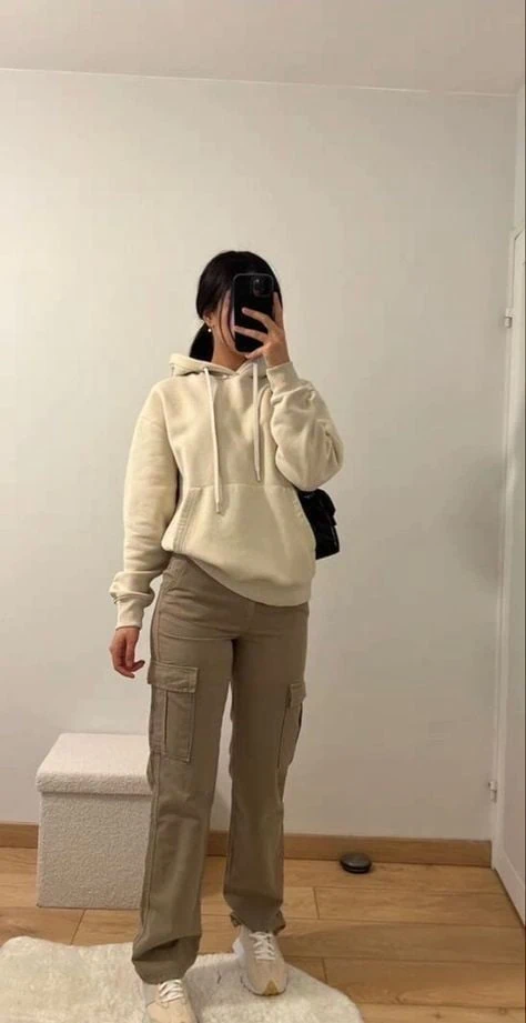 Cream Hoodie with Cargo Pants