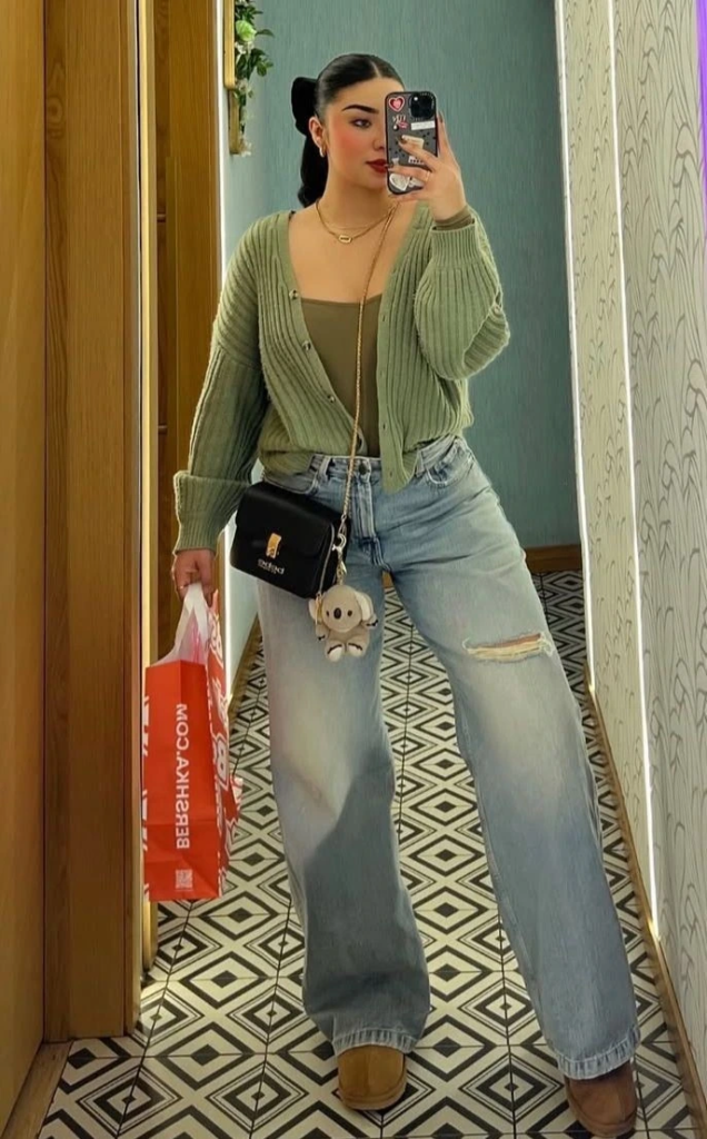 Sage Cardigan with Distressed Denim