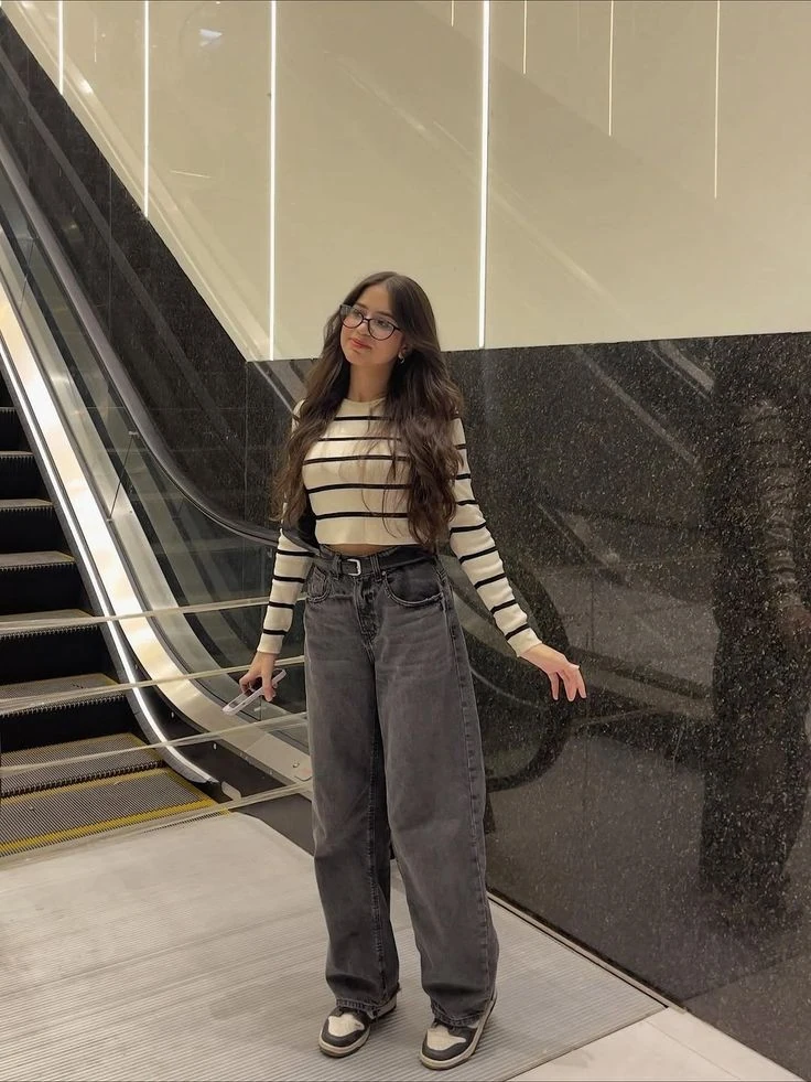 Striped Crop Top with Wide-Leg Jeans