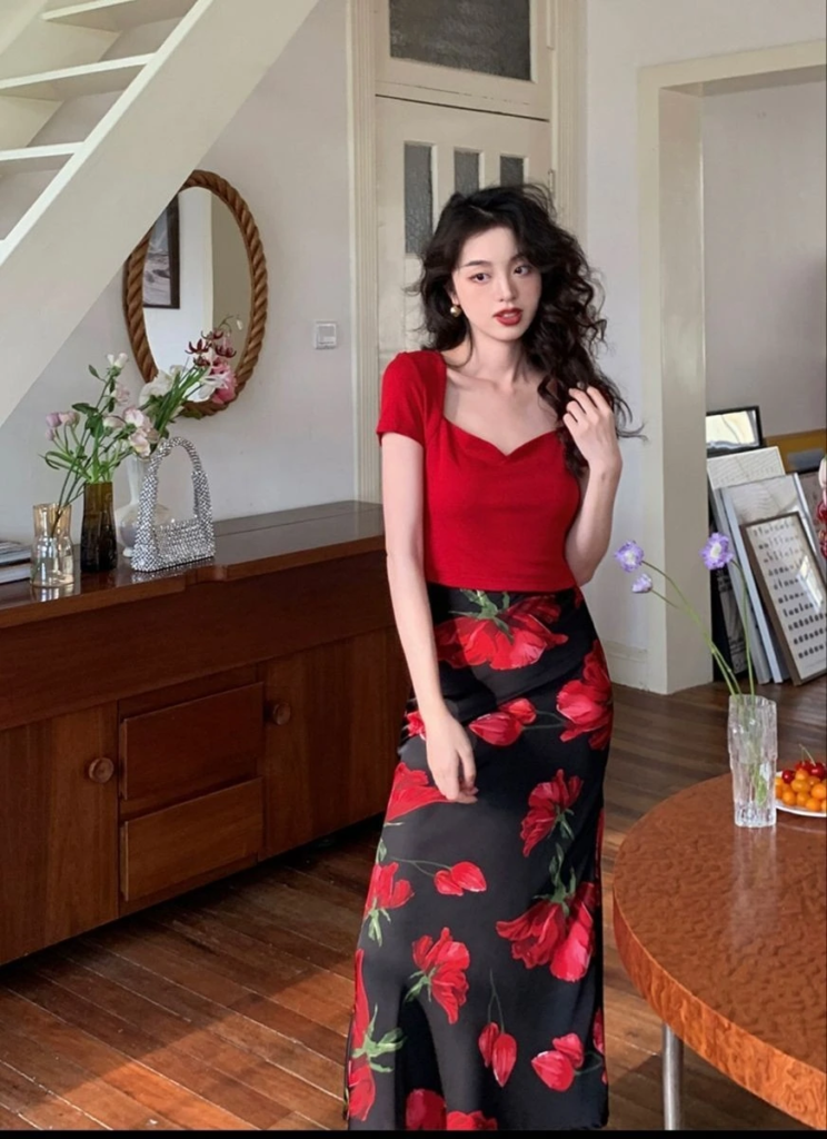 Red Top with Floral Maxi Skirt
