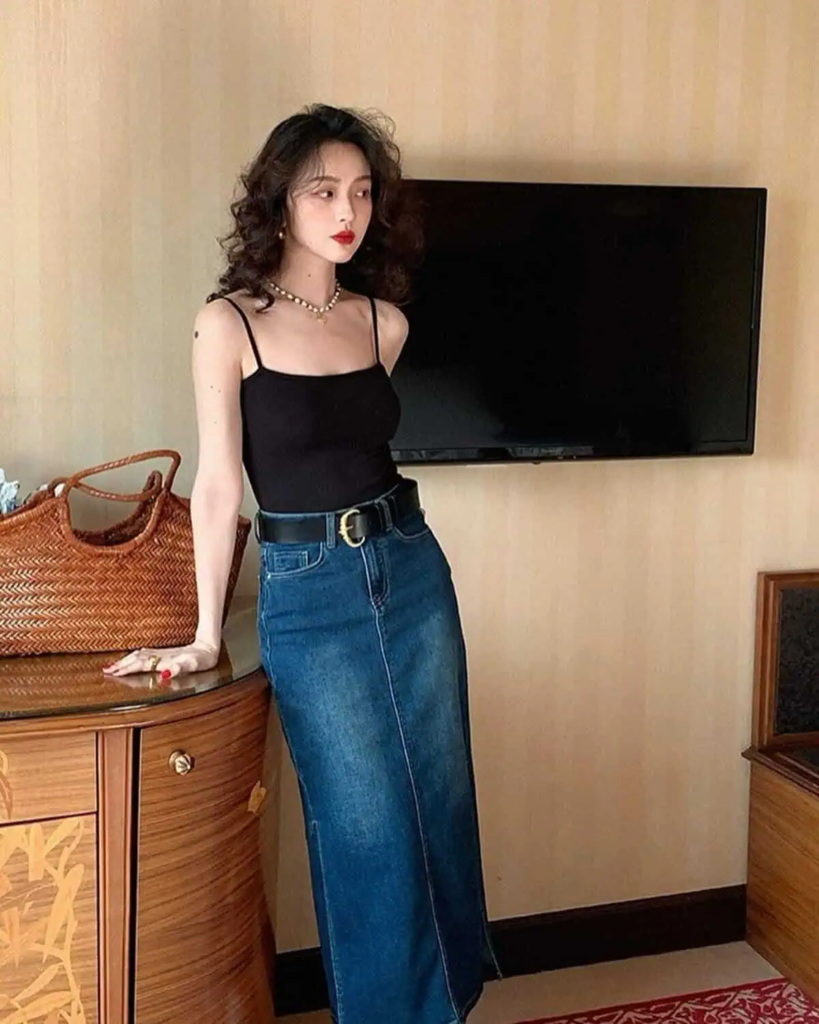 Black Cami with Maxi Denim Skirt