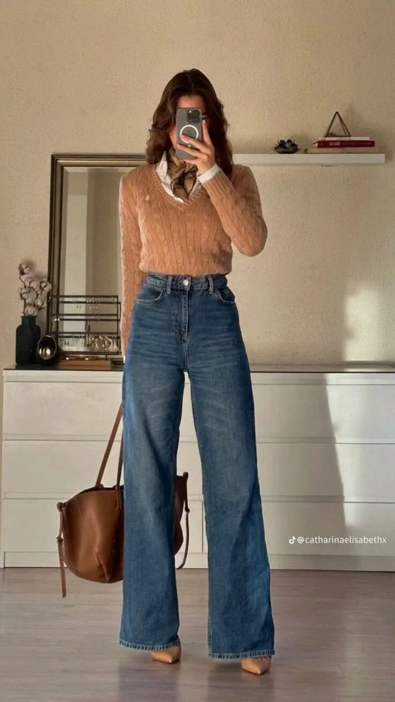 Preppy Knit with Wide-Leg Denim