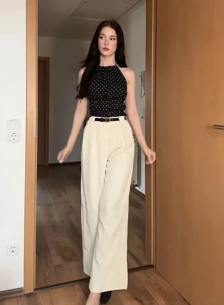 Polka Dot Crop Top With Cream Trousers