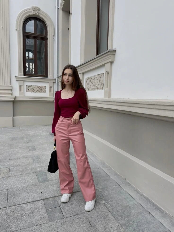 Burgundy Top with Pink Wide-Leg Pants