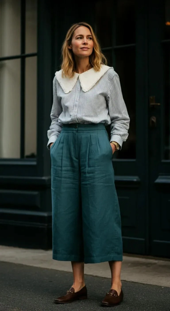 Cropped Trousers With An Open Collar Shirt