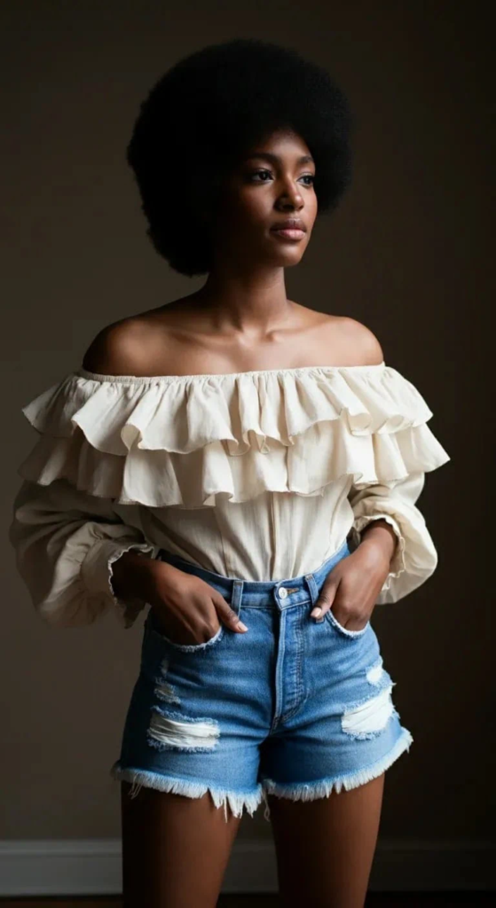 Ruffle Bardot Top And Distressed Shorts