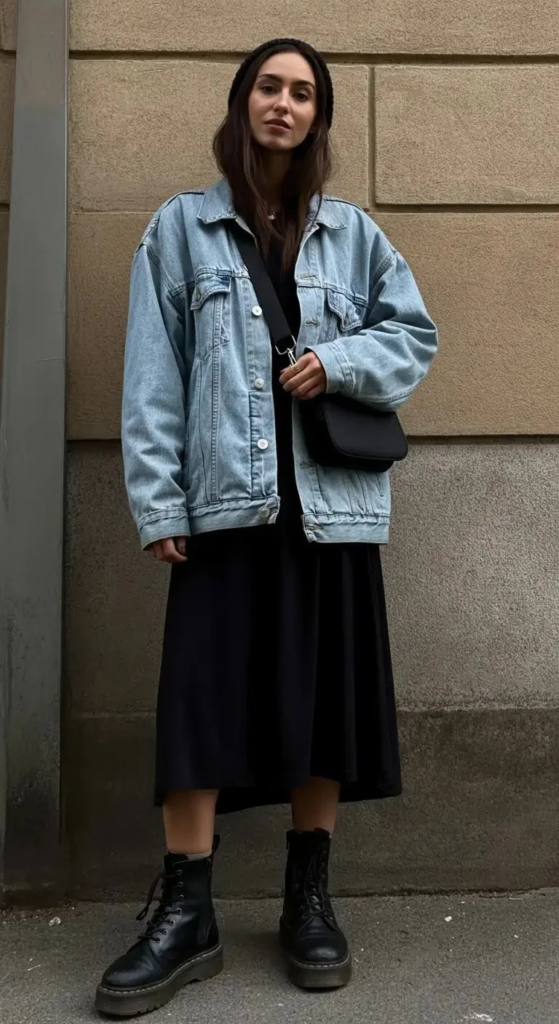 Oversized Denim Jacket And Midi Dress