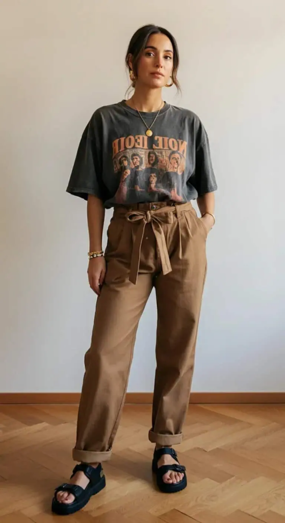 Baggy Band Tee And Paper Bag Pants