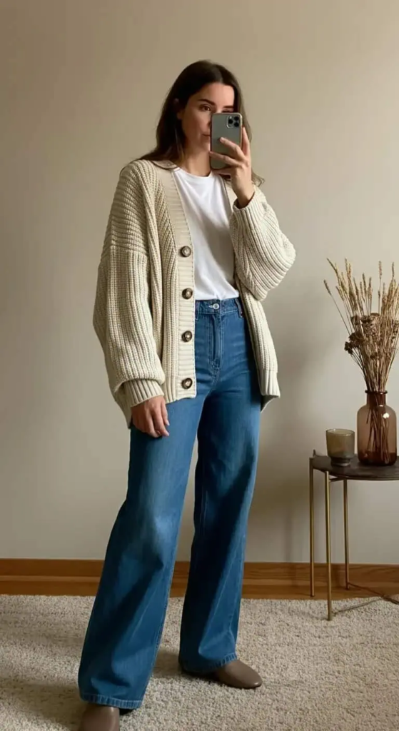 Slouchy Cardigan And Wide-Leg Jeans