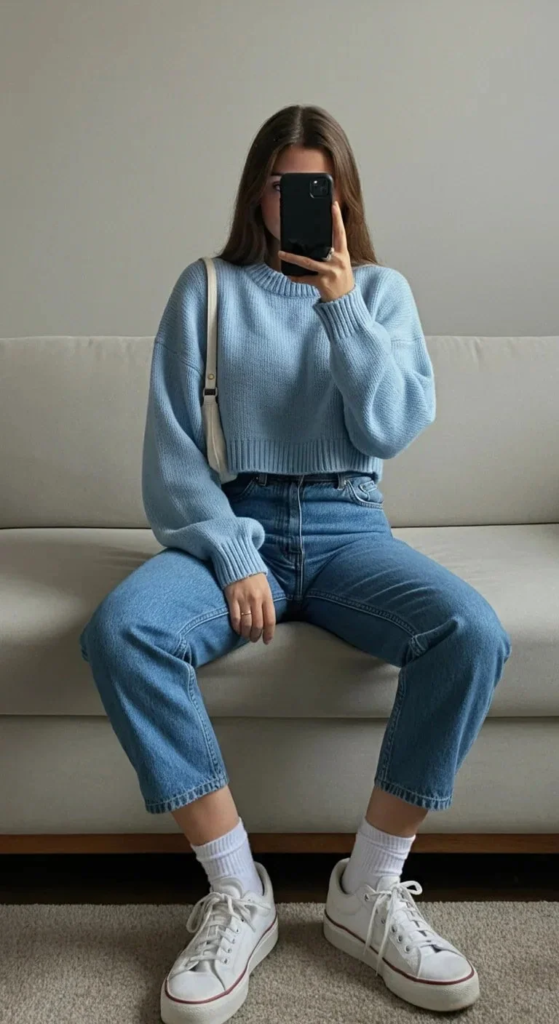 Baggy Cropped Sweater And Mom Jeans