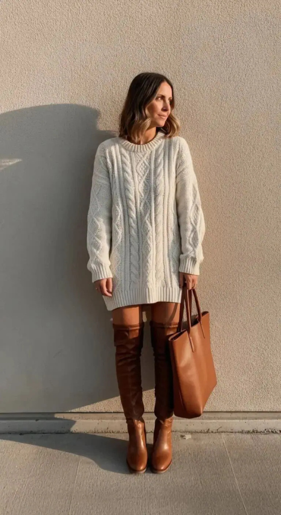 Chunky Knit Dress With Leather Over-The-Knee Boots