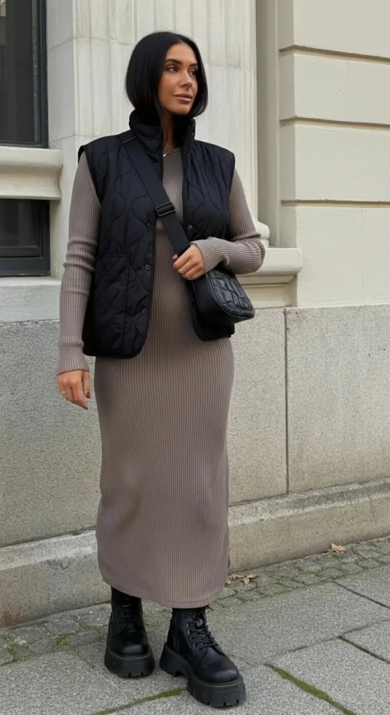 Quilted Vest Over Ribbed Dress