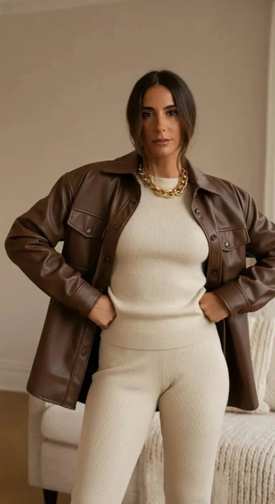 Leather Shirt Jacket With Ribbed Set