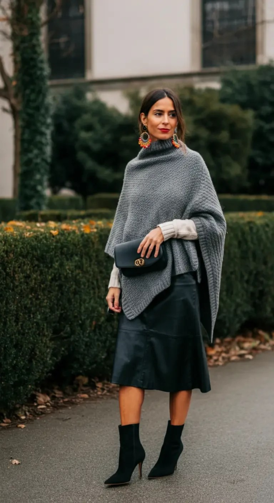 Knit Poncho With Leather Midi Skirt