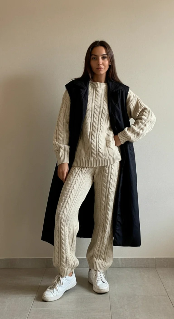 Cable Knit Set With Longline Vest