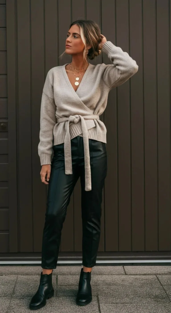 Wrap Cardigan With Faux Leather Pants