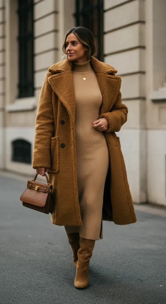 Teddy Coat With Knit Dress