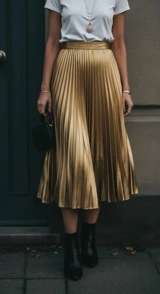 Metallic Pleated Skirt With Basic T-Shirt