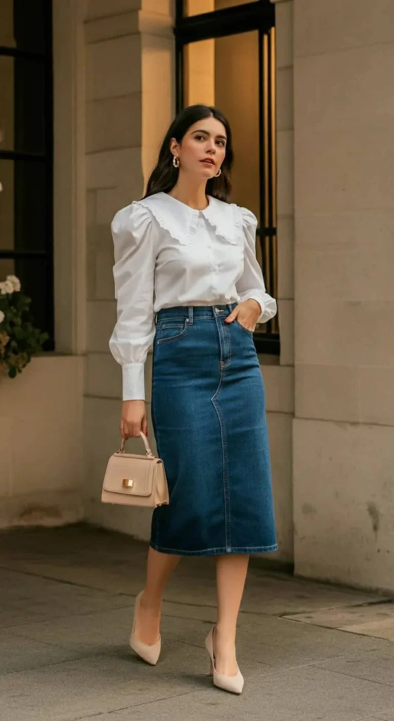 Statement Blouse And Pencil Denim Skirt