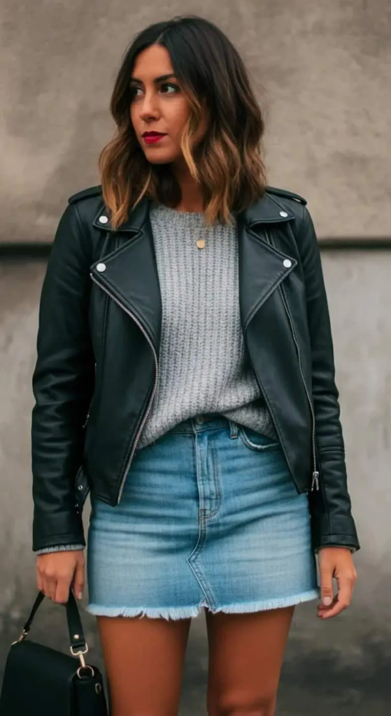 Leather Jacket And Frayed Edge Mini