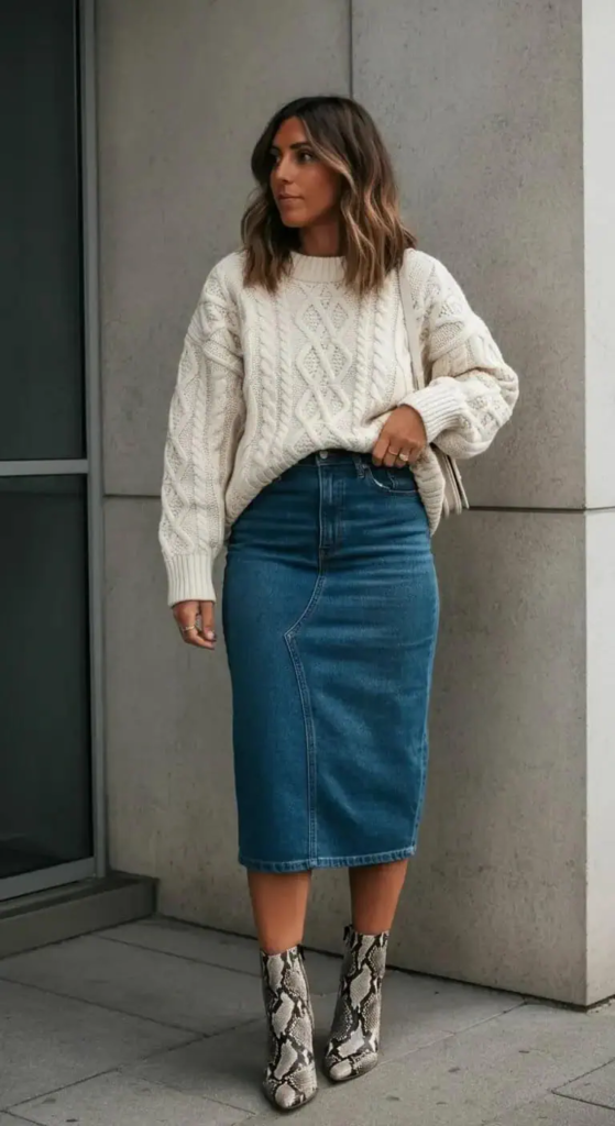 Slouchy Sweater And Denim Pencil Skirt