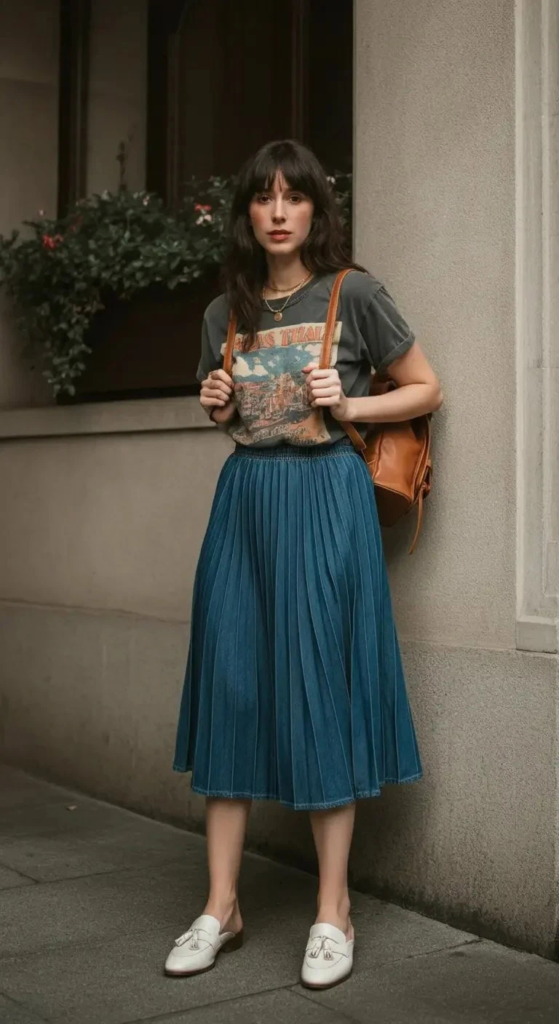 Graphic Tee And Pleated Denim Midi
