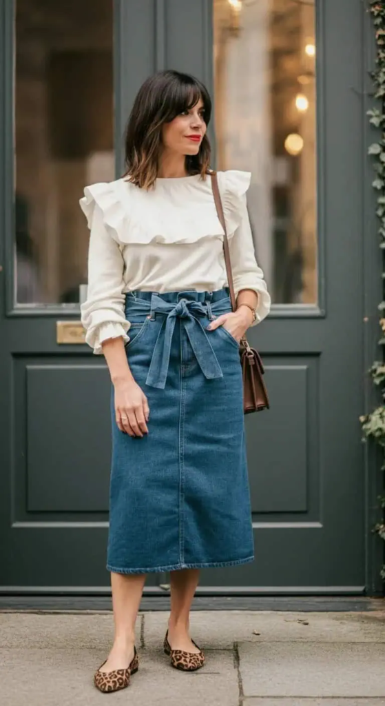 Ruffled Blouse And Paper Bag Waist Denim Skirt
